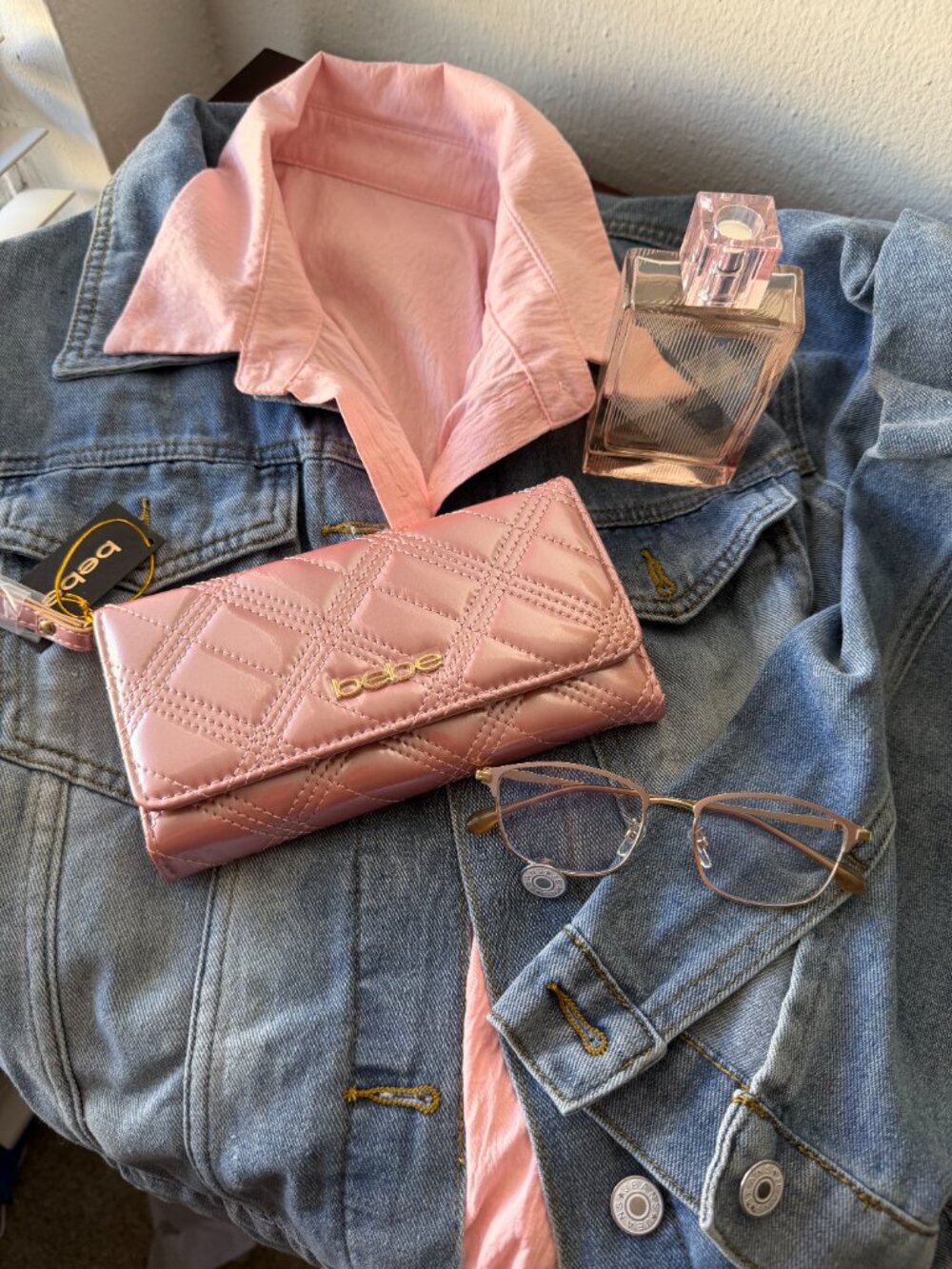 bebe Cameron Mauve Pink Quilted Shiny Trifold Wallet NWT